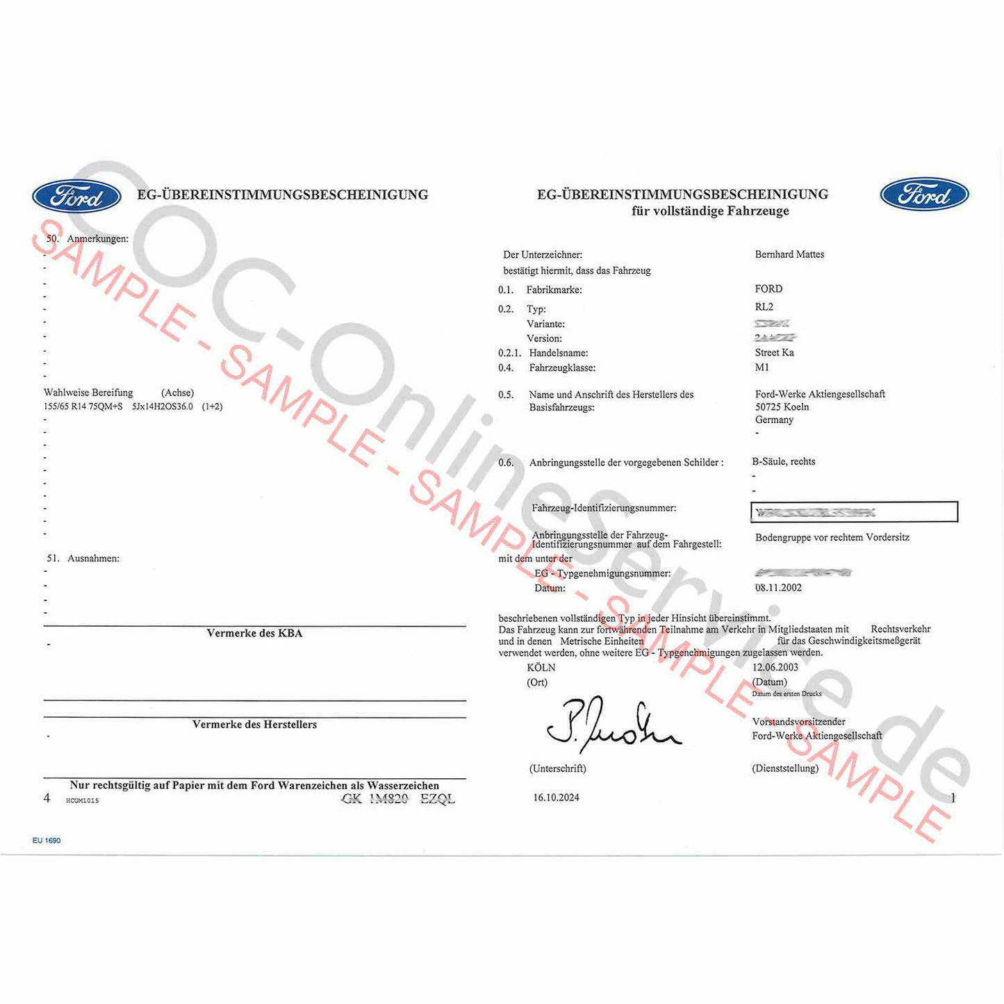 COC-papieren voor Ford (certificaat van overeenstemming)