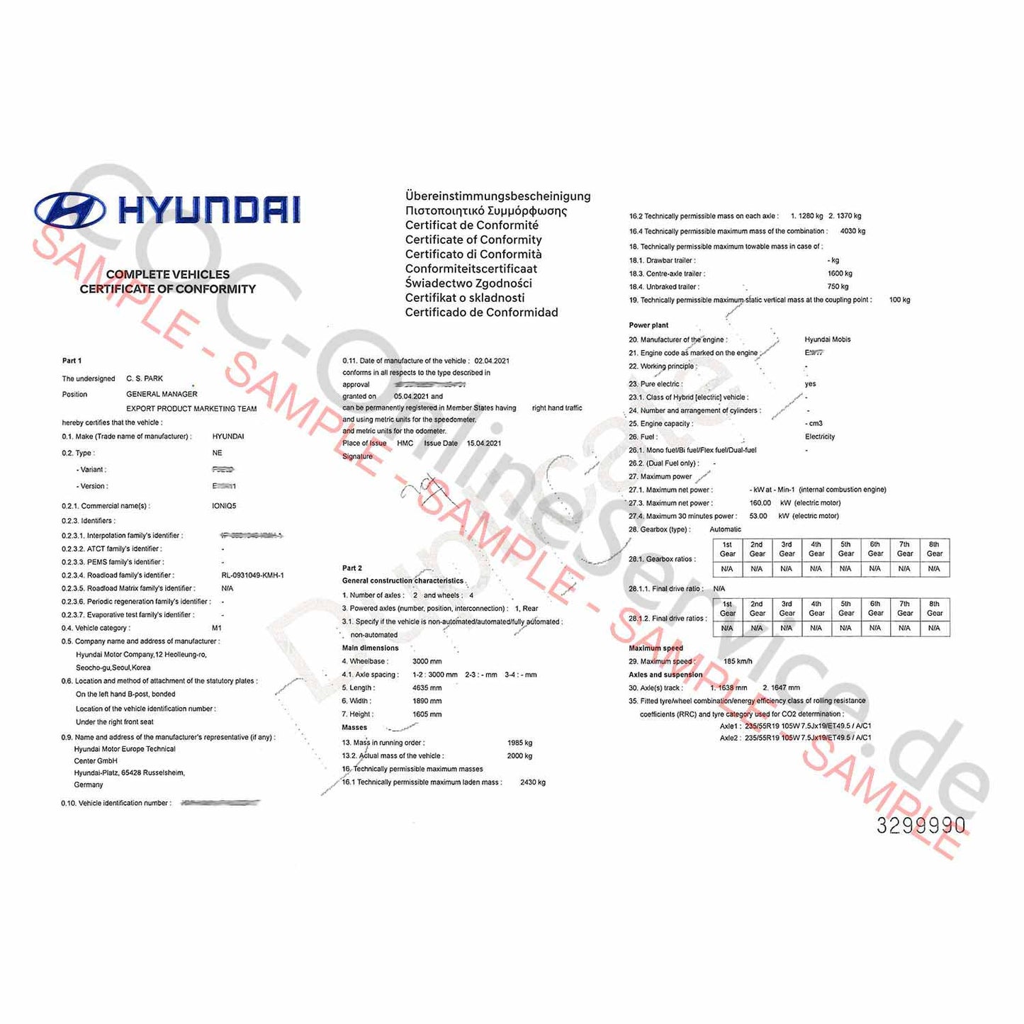 Documentos COC para Hyundai (Certificado de Conformidad)