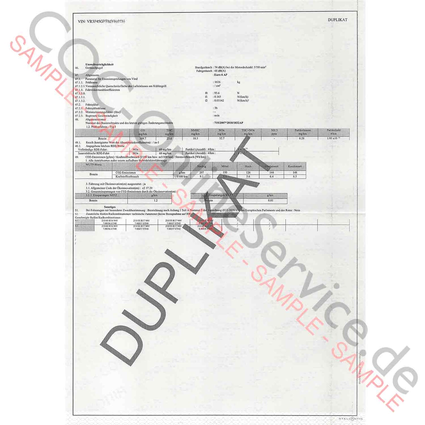 COC papers for Peugeot (Certificate of Conformity)