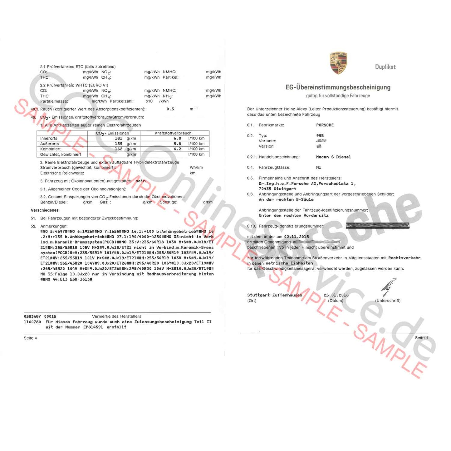 COC-documenten voor Porsche (Certificaat van Overeenstemming)