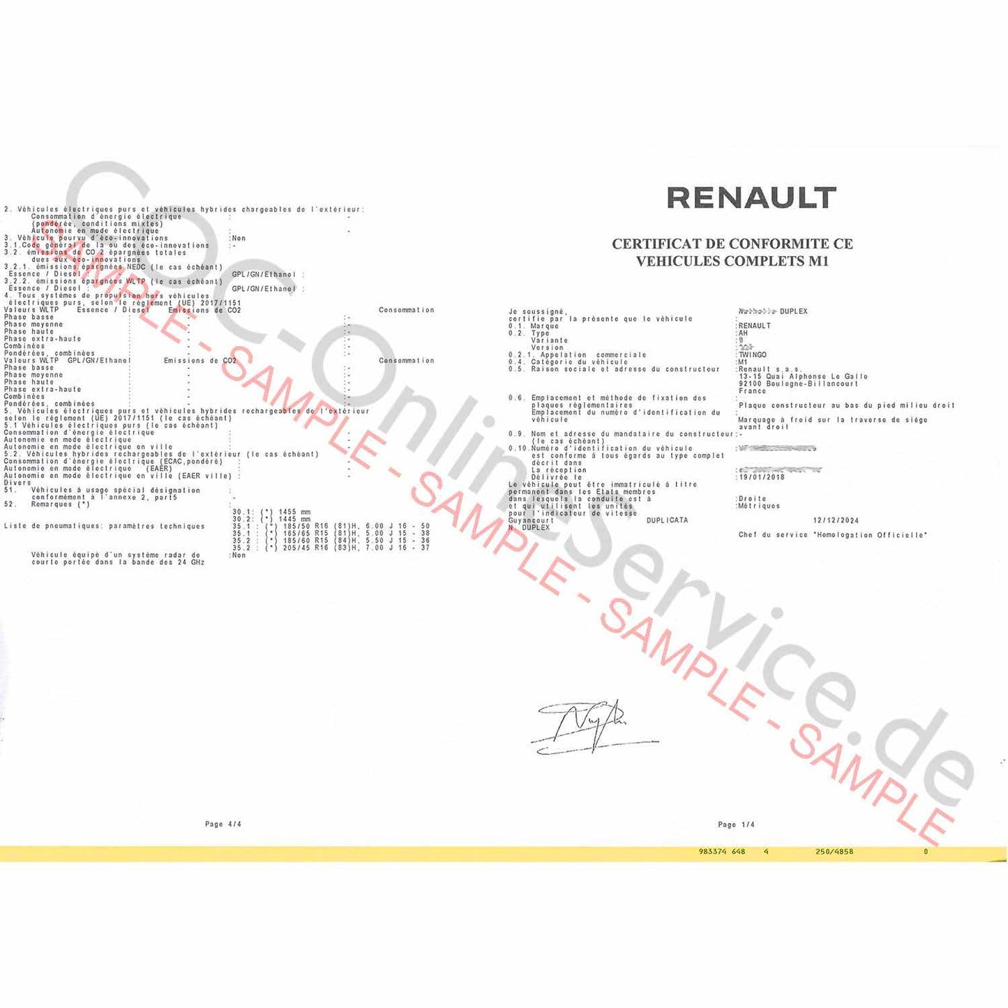 Documents COC pour Renault (Certificat de Conformité)