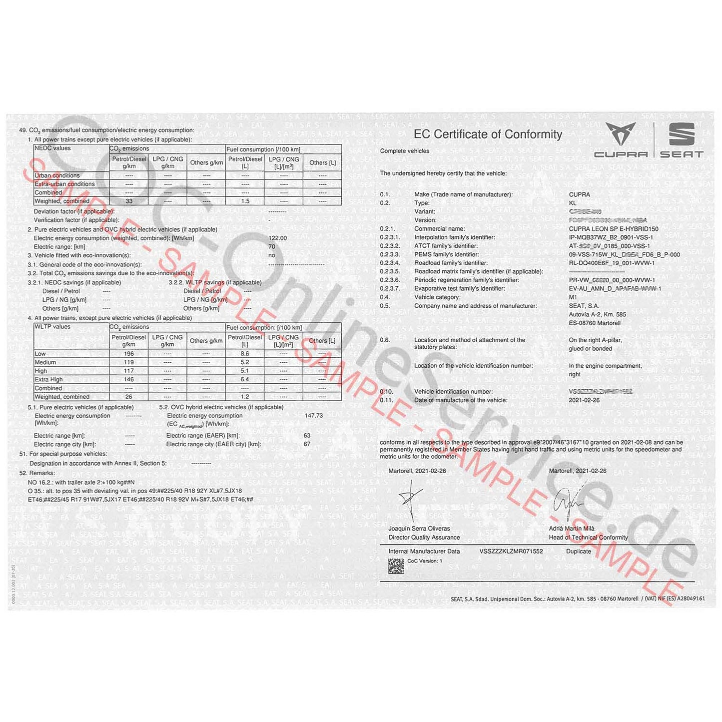 Papiers COC pour SEAT (Certificat de Conformité)