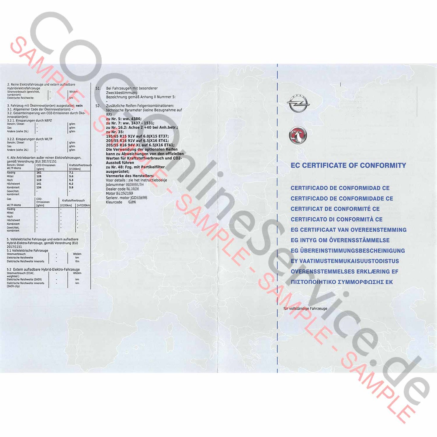 Documento COC para OPEL (Certificado de Conformidad)